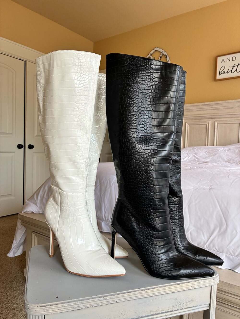 Public Desire Wide Fit Aimi Knee High Croc Stiletto Boots in Black and White Siz